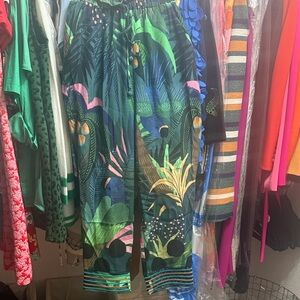 FARM Rio Tropical Print Wide-Leg Pants in Green, Blue & Pink